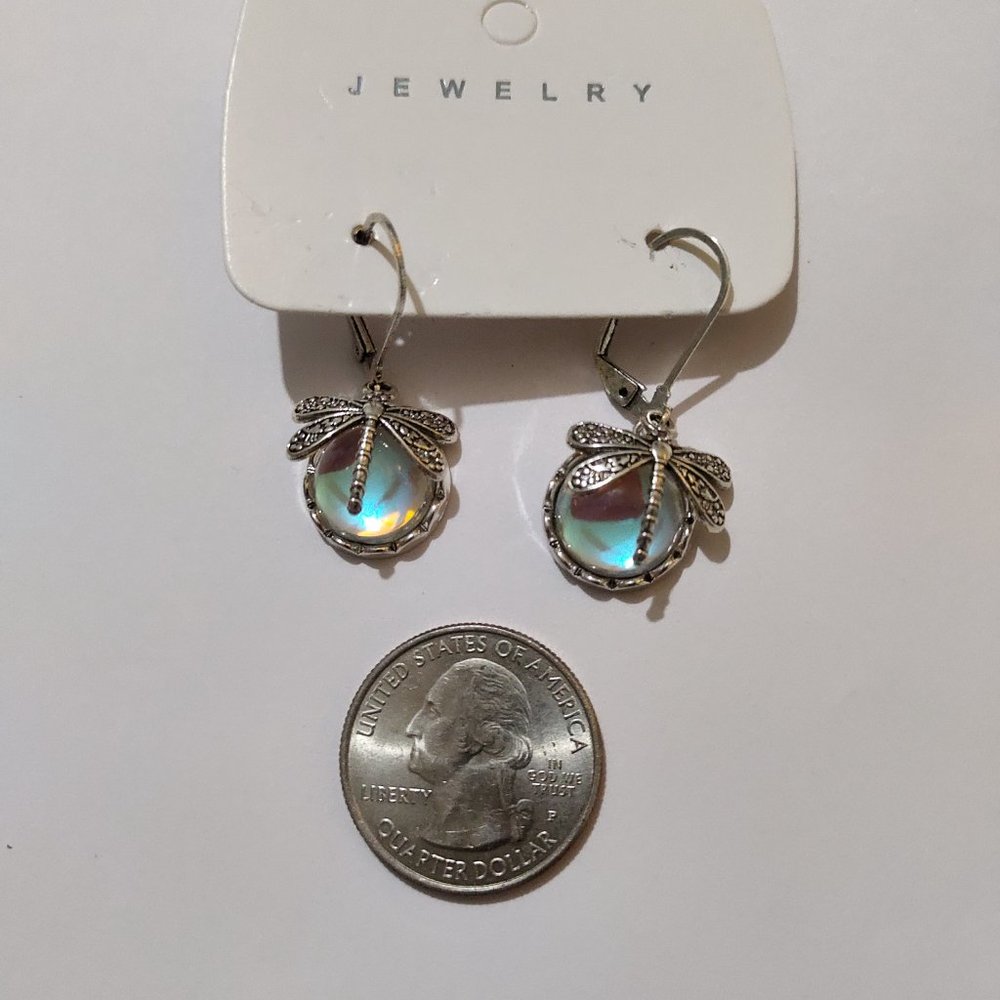 Silver Dragonfly Moonstone Carved Inlaid Earrings - Picture 2 of 4